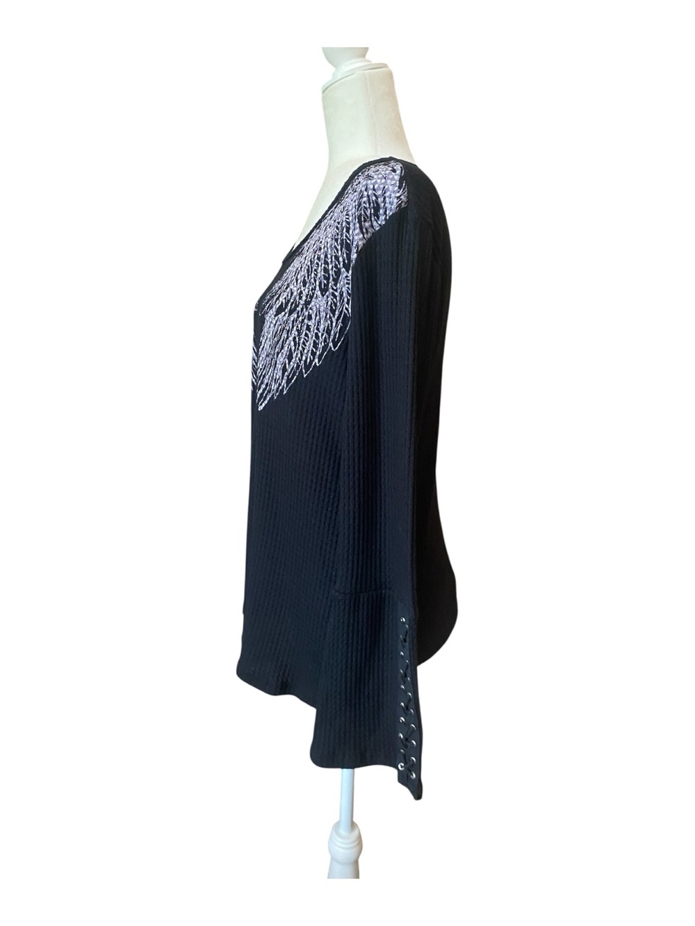 Vocal Womens Angel Wing Black Waffle Knit Top Shirt - Picture 2 of 9